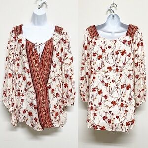Cato Womens Plus Red Cream Floral Bohemian Long Sleeve Draped Blouse Size 26/28W